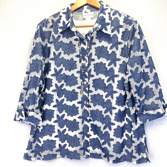 Alfred Dunner Button Up Embossed Mesh Blouse Top Large Floral 3/4 Sleeve Blue - Picture 1 of 13